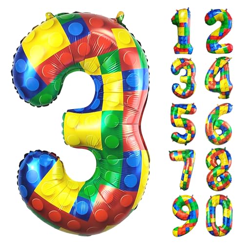 CHANGZHONG 81,3 cm große Luftballons mit Baustein-Zahl 3, 3 Jahre alt, großer Helium-Folie, Mylar-Ballon für Mädchen und Jungen, Partydekorationszubehör von CHANGZHONG