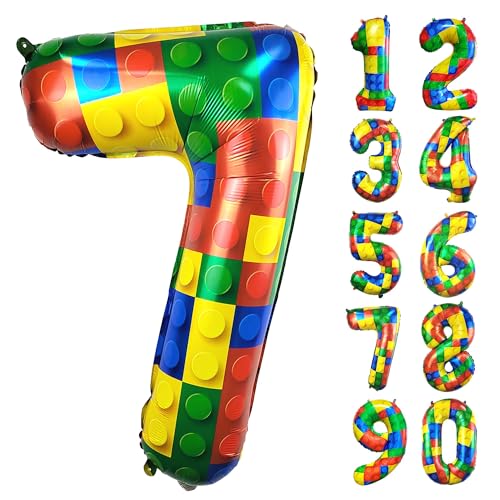 CHANGZHONG 81,3 cm große Luftballons mit Baustein-Zahl 7, 7 Jahre alt, großer Helium-Folie, Mylar-Ballon für Mädchen und Jungen, 7. Geburtstag, Party-Dekoration, Zubehör von CHANGZHONG