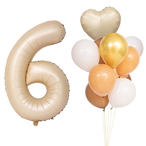 CHANGZHONG Luftballons 6 Geburtstag Karamell Hellbraun Folienballon Zahlenballon 6 mit 8 Latexballons und ein Herzballon Riesenzahl Party Hochzeit Kindergeburtstag Geburtstag von CHANGZHONG