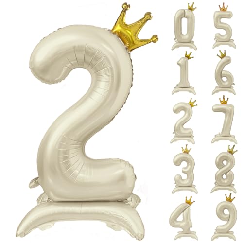 Weißer Ballon mit Zahl 2, 101,6 cm, cremeweiße Kronenballons, 0-9, stehend, beige, Zahl 2, Ballon mit Krone, Geburtstagsparty-Dekorationen, Zubehör von CHANGZHONG