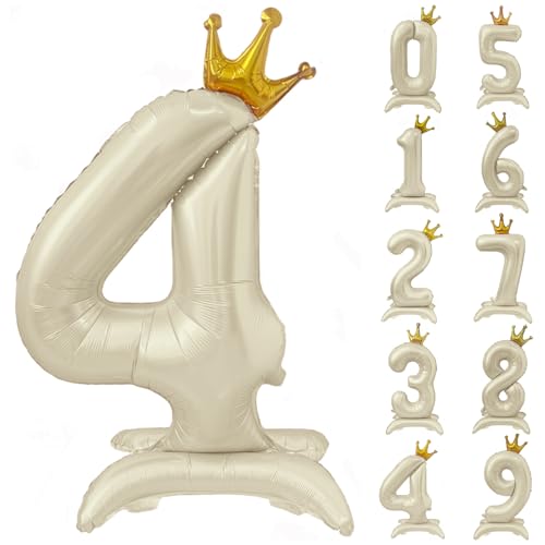 Weißer Ballon mit Zahl 4, 101,6 cm, cremeweiße Kronenballons, 0-9, stehend, beige, Zahl 4, Ballon mit Krone, Geburtstagsparty-Dekorationen, Zubehör von CHANGZHONG