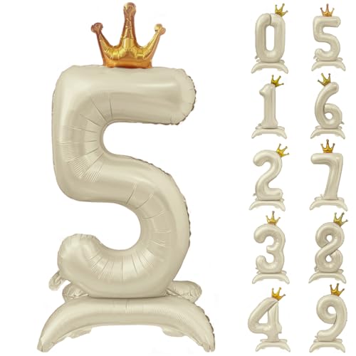 Weißer Ballon mit Zahl 5, 101,6 cm, cremeweiße Kronenballons, 0-9, stehend, beige, Zahl 5, Ballon mit Krone, Geburtstagsparty-Dekorationen, Zubehör von CHANGZHONG