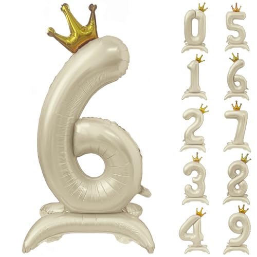 Weißer Ballon mit Zahl 6, 101,6 cm, cremeweiße Kronenballons, 0-9, stehend, beige, Zahl 6, Ballon mit Krone, Geburtstagsparty-Dekorationen, Zubehör von CHANGZHONG