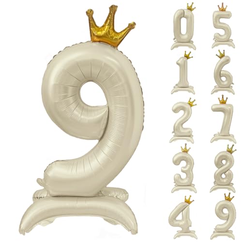 Weißer Ballon mit Zahl 9, 101,6 cm, cremeweiße Kronenballons 0-9, stehend, beige, Zahl 9, Ballon mit Krone, Geburtstagsparty-Dekorationen, Zubehör von CHANGZHONG