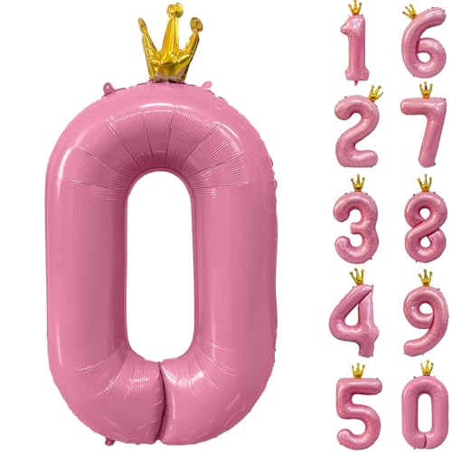 Zahlen 0 Luftballon 40 Zoll Rosa Zahl Ballons mit Krone Zahlenballons mit Krone Rosa Krone Ballon Zahlen 0-9 für Geburtstag Party Dekorationen Mädchen Geburtstag Dekor von CHANGZHONG