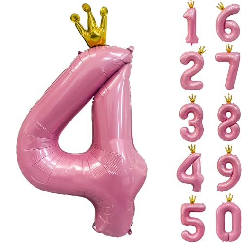 Zahlen 4 Luftballon 40 Zoll Rosa Zahl Ballons mit Krone Zahlenballons mit Krone Rosa Krone Ballon Zahlen 0-9 für Geburtstag Party Dekorationen Mädchen Geburtstag Dekor von CHANGZHONG