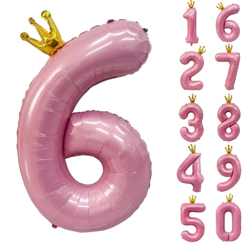 Zahlen 6 Luftballon 40 Zoll Rosa Zahl Ballons mit Krone Zahlenballons mit Krone Rosa Krone Ballon Zahlen 0-9 für Geburtstag Party Dekorationen Mädchen Geburtstag Dekor von CHANGZHONG
