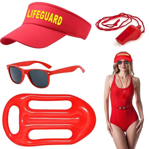 CHAOTEMAI 4 Stück Faschingskostüme Männer Lifeguard Fasching Kostüm Herren Damen Rettungsring Aufblasbar Lifeguard Visor Cap Sonnenbrille Sportpfeifen Boje Rettungsring Bademeister Kostüm von CHAOTEMAI