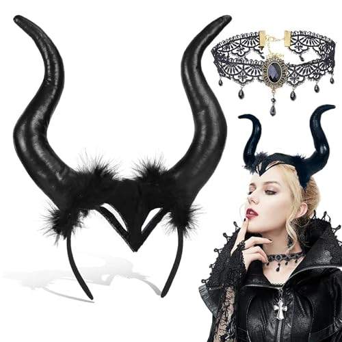 CHAOTEMAI Dämonen Hörner Königin Mit Retro-Gothic-Spitzenkette Hörner Kopfschmuck Schwarz Halloween Hörners Teufel Teufelshörner Halloween Kopfschmuck für Cosplay Mottopartys Teufel Hexe Königin CHAOTEMAI Dämonen Hörner Königin Mit Retro-Gothic-Spitzenkette Hörner Kopfschmuck Schwarz Halloween Hörners Teufel Teufelshörner Halloween Kopfschmuck für Cosplay Mottopartys Teufel Hexe Königin von CHAOTEMAI