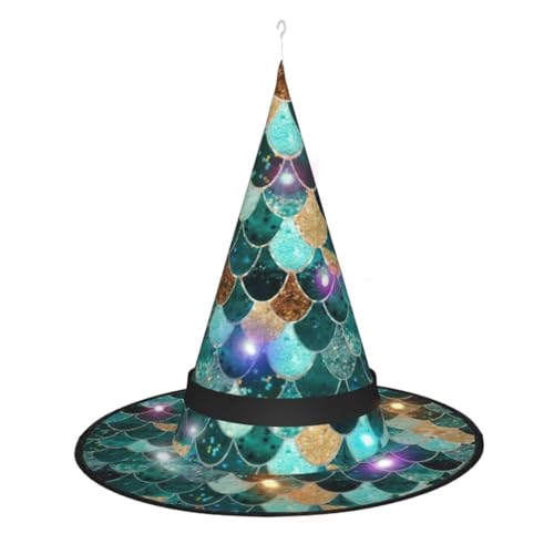 CHARMERM Halloween Hexenhüte mit LED-Lichtern und Fischschuppen Meerjungfrau Leuchtende Hexenhut für Damen von CHARMERM