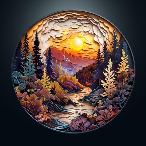 CHARMIBLE Puzzle 1000 Teile Erwachsen, 1000 Teile 3D-Sonnenuntergangswald Impossible Rundes Puzzle, 67.5x67.5cm Blaue Papierkarte Unregelmäßige Einzigartige Jigsaw für Familie Freunde von CHARMIBLE