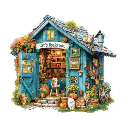 Holzpuzzle Erwachsene, 230 Teile Katzenbuchladen Puzzles, 34 * 31.3cm Wood Puzzle, Unregelmäßige Einzigartige Tierform Holzpuzzles für Erwachsen, Schön Geschenk für Familie und Freunde von CHARMIBLE