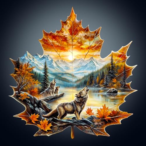 Holzpuzzle Erwachsene, 245 Teile Wolfskönig Herbst Puzzles, 34 * 33.3cm Wood Puzzle, Unregelmäßige Einzigartige Tierform Holzpuzzles für Erwachsen, Schön Geschenk für Familie und Freunde von CHARMIBLE