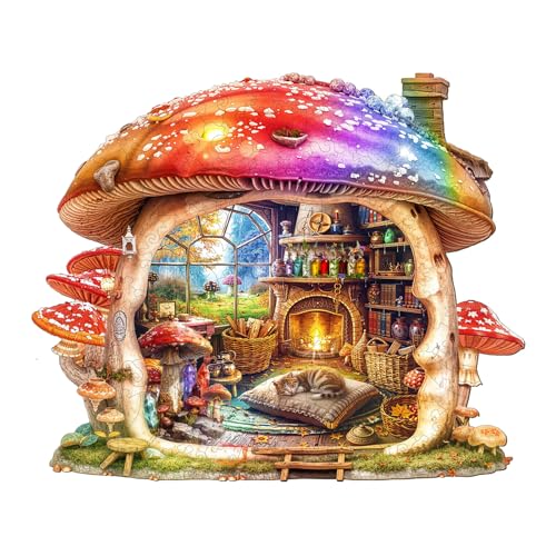Holzpuzzle Erwachsene, 250 Teile Regenbogen-Pilzhaus Puzzles, 34 * 28.2cm Wood Puzzle, Unregelmäßige Einzigartige Tierform Holzpuzzles für Erwachsen, Schön Geschenk für Familie und Freunde von CHARMIBLE