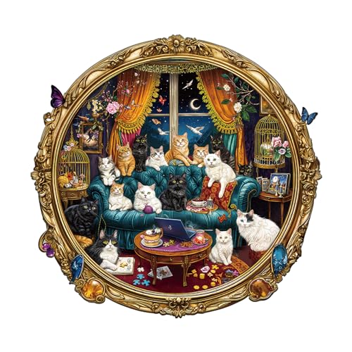 Holzpuzzle Erwachsene, 260 Teile Katzenparty Puzzles, 34 * 33cm Wood Puzzle, Unregelmäßige Einzigartige Tierform Holzpuzzles für Erwachsen, Schön Geschenk für Familie und Freunde von CHARMIBLE
