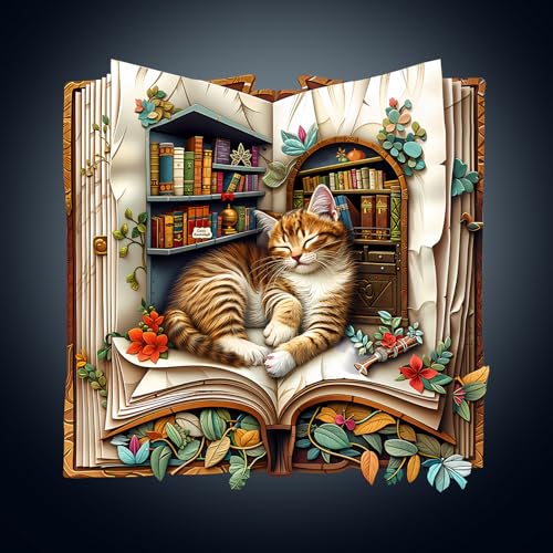 Holzpuzzle Erwachsene, 270 Teile Die Katze im Buch Puzzles, 32 * 31.5cm Wood Puzzle, Unregelmäßige Einzigartige Tierform Holzpuzzles für Erwachsen, Schön Geschenk für Familie und Freunde von CHARMIBLE