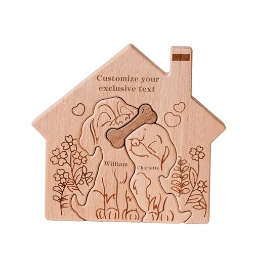 Personalisiertes Holzkunstpuzzle der Cartoon Hundfamilie mit 2 Namen, Holz-Hund Schnitzereien Familie Puzzle, Ideen Geschenk zum Jubiläum, Weihnachten, Geburtstag, Valentinstag von CHARMIBLE