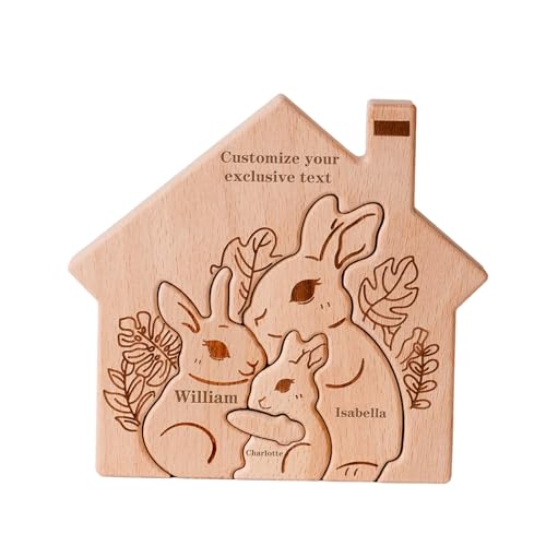 Personalisiertes Holzkunstpuzzle der Kaninchenfamilie mit 3 Namen, Holz-Kaninchen Schnitzereien Familie Puzzle, Ideen Geschenk zum Muttertag, Vatertag, Jubiläum, Weihnachten, Geburtstag von CHARMIBLE