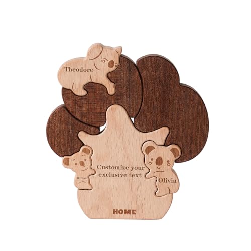 Personalisiertes Holzkunstpuzzle der Koalafamilie mit 1-4 Namen, Holz-Koala Schnitzereien Familie Puzzle, Ideen Geschenk zum Muttertag, Vatertag, Jubiläum, Weihnachten, Geburtstag von CHARMIBLE