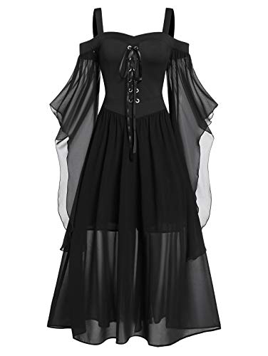 CHARMMA Gothic Halloween Kleid Kostüm Damen,Übergröße A-Linie Schnüren Maxi Kleider mit Schmetterlingsärmeln für Frauen,Festliches Vintage Schwarz Hexenkleid Cosplay Club Party Dress (Schwarz, XXL) CHARMMA Gothic Halloween Kleid Kostüm Damen,Übergröße A-Linie Schnüren Maxi Kleider mit Schmetterlingsärmeln für Frauen,Festliches Vintage Schwarz Hexenkleid Cosplay Club Party Dress (Schwarz, XXL) von CHARMMA