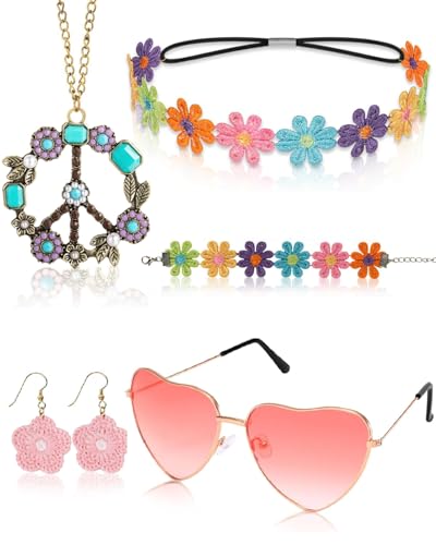 CHBCD Hippie Accessoires, Hippie Kostüm Damen Accessoires, 5PCS Flower Power Accessoires, Hippie Kleidung Damen Zubehör, 70er Jahre Bekleidung Damen, Peace Kette, Hippie Brille CHBCD Hippie Accessoires, Hippie Kostüm Damen Accessoires, 5PCS Flower Power Accessoires, Hippie Kleidung Damen Zubehör, 70er Jahre Bekleidung Damen, Peace Kette, Hippie Brille von CHBCD