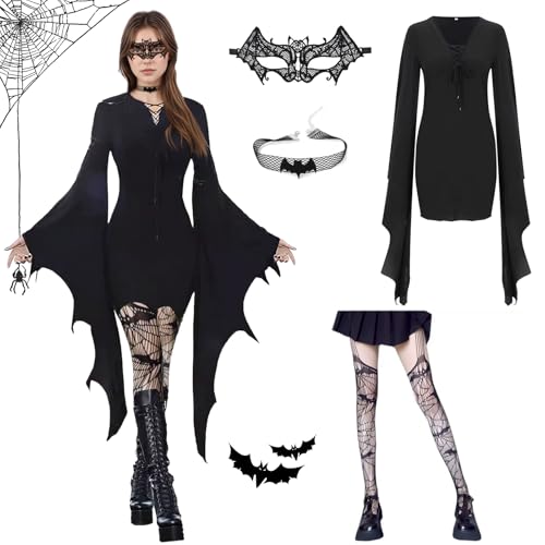 CHENBOOW Fledermaus Kostüm,Halloween Kostüm,Gothic Kleid,Steampunk Minikleid,Wednesday Hexen Cosplay,Kleidung Fledermaus,Fledermausärmel Kleider,für Karneval,Fasching,Mottoparty,Halloween von CHENBOOW