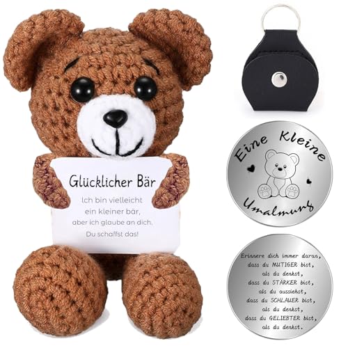 CHENBOOW Glücklicher Bär,Kreative Strickwolle Bär,Mutmacher Geschenk,Kleine Umarmung Glücksbringer,Strickwolle Bär Puppe,Positive Bär,Geschenk für Freundin Familie Mutmacher Freund von CHENBOOW