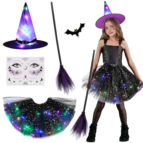 CHENBOOW Halloween Kostüm,Hexenkostüm,Faschingskostüme,LED Tütü,Hexenkostüm Mädchen,Mädchen Tutu Rock LED,Hexenkostüm kinder,Hexen Verkleidung Set,für Karneval,Fasching,Mottoparty,Halloween von CHENBOOW