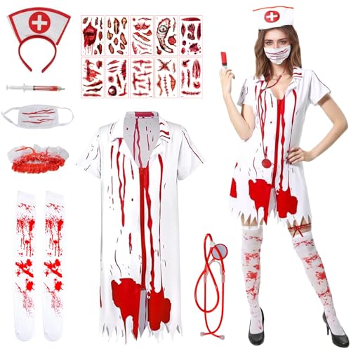 CHENBOOW Halloween Kostüm Damen,Blutige Krankenschwester Kostüm,Zombie Krankenschwester Kostüm Damen,Costumes Zombie,Blutbefleckt Weiß Langarm Kleid,für Karneval,Fasching,Mottoparty,Halloween CHENBOOW Halloween Kostüm Damen,Blutige Krankenschwester Kostüm,Zombie Krankenschwester Kostüm Damen,Costumes Zombie,Blutbefleckt Weiß Langarm Kleid,für Karneval,Fasching,Mottoparty,Halloween von CHENBOOW