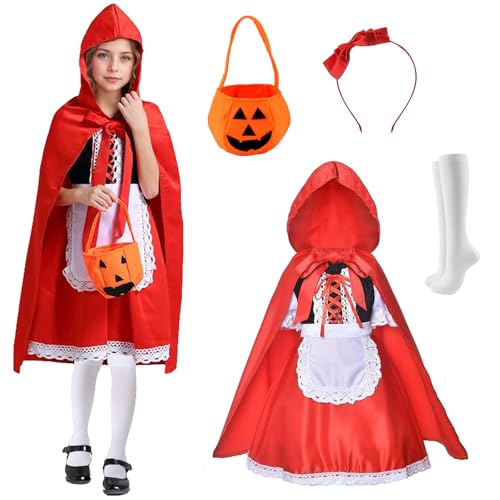 Rotkäppchen Kostüm Kinder,Kostüm Mädchen,Rotkäppchen Mädchen,Kleid Verkleidung mit Umhang mit Kapuze,Rot Umhang Kleid Kinder,Kürbisbeutel Halloween,für Karneval,Fasching,Mottoparty,Halloween von CHENBOOW