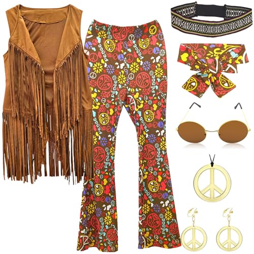 CHENGJIA Hippie Kostüm Set Damen 70er 60er Jahre Bekleidung Damen Faschingskostüme (L) von CHENGJIA