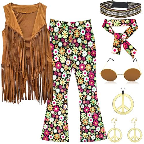CHENGJIA Hippie Kostüm Set Damen Hippie Kleidung Damen 70er 60er Jahre Bekleidung Damen Faschingskostüme (L) von CHENGJIA