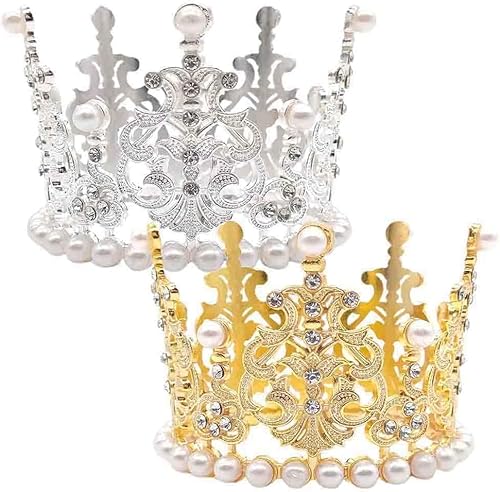 2 Stücke Silber&Gold Kuchen Top Perle Prinzessin Krone Dekoration Kleine Krönchen Tortenaufsatz Mini Tiara Perle Krone für KinderGeburtstag Party Thema Geburtstagsfeier Jubiläum von CHENGLI