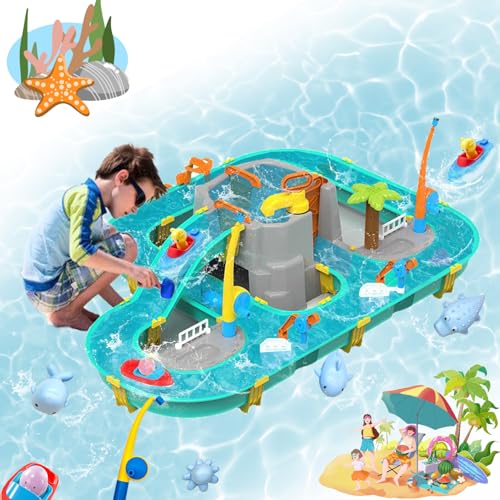 CHENINKJG Wassertisch Spielzeug, Wasserspieltisch Kinder Outdoor, Wasserbahn Kind Draußen, Geeignet Für Kinder Ab 3+ Jahren, Enthält Angelspielzeug, Boote, Tierspielzeug von CHENINKJG