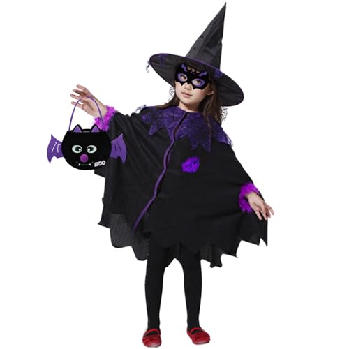 Halloween Kostüm Kinder, Halloween Kostüm Mädchen, Halloween Umhang Kinder mit Hexenhut, Lila-Schwarz Hexenumhang Kinder mit Maske und Handtasche für Halloween Cosplay Fasching(Höhe 115-125cm) Halloween Kostüm Kinder, Halloween Kostüm Mädchen, Halloween Umhang Kinder mit Hexenhut, Lila-Schwarz Hexenumhang Kinder mit Maske und Handtasche für Halloween Cosplay Fasching(Höhe 115-125cm) von CHENKEE