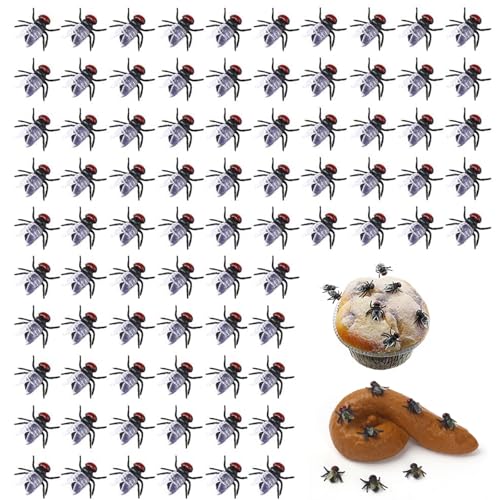 100 Stück Mini Plastic Flies Simulated Insects, Mini-Kunstfliegen Simulierte Fliegen,Plastik Fliegen Spielzeug, Plastikfliegen, Fake-Fliege Halloween-Spielzeug (Schwarz) von CHENRI