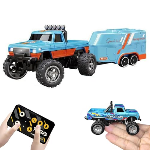 Bigfoot Monster Buggy, Ferngesteuertes Auto, 2.4G Fernsteuerung USB Wiederaufladbar Unterlauf mit Anhänger, 1:64 Ferngesteuerter Truck mit 3 Geschwindigkeiten & LED Lichter für Kinder, Erwachsene von CHENRI