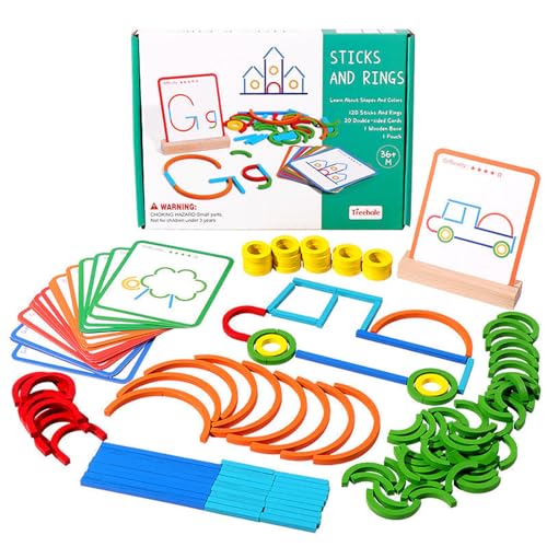 Montessori Children's Puzzle Logic Training Ring Game, 120 Stück Kreatives Holzpuzzle Stöcke und Ringe mit Karten, Montessori Lernspielzeug Pädagogisches Puzzle Spiel Stapelspiel für Jungen Mädchen von CHENRI