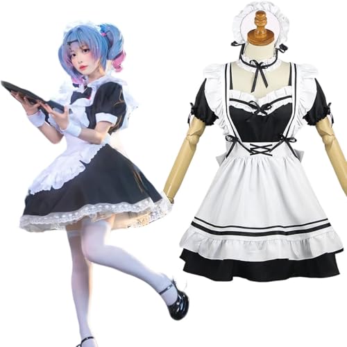 CHENYIZDQ Anime Damen schwarz-weißes Dienstmädchenkleid Lolita, verstellbar, überkreuzter Rücken, Schleife, Kostüm-Set für Halloween, Übergröße, Schwarz, S CHENYIZDQ Anime Damen schwarz-weißes Dienstmädchenkleid Lolita, verstellbar, überkreuzter Rücken, Schleife, Kostüm-Set für Halloween, Übergröße, Schwarz, S von CHENYIZDQ