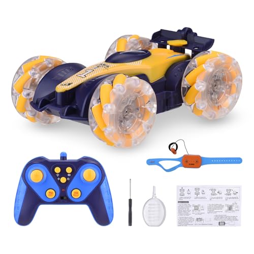 CHEOTIME Fernbedienungsstunt -Auto, zweiseitiges 360 ° -Spin -Spielzeugauto mit LED -Leuchten Spray Effect Gestenkontrolle RC -Fahrzeug für Kinderunterhaltung (Dunkelblau) von CHEOTIME