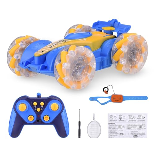 CHEOTIME Fernbedienungsstunt -Auto, zweiseitiges 360 ° -Spin -Spielzeugauto mit LED -Leuchten Spray Effect Gestenkontrolle RC -Fahrzeug für Kinderunterhaltung (Hellblau) von CHEOTIME