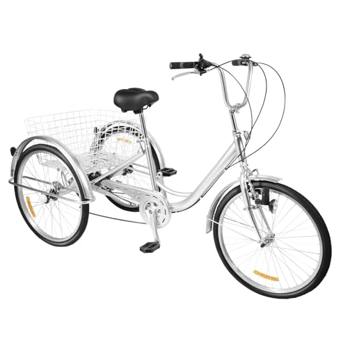 24 Zoll 6-Gang Dreirad für Erwachsene,erwachsenendreirad, Adult Fahrrad, Senioren-Dreirad mit Korb und Licht, 3 Rad großem Shopping und Ausflug (weiß) von CHERIPOLI
