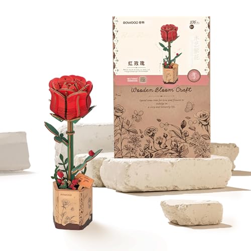 3D Puzzle Red Rose,Modellbausatz Erwachsene,DIY Wooden Flower，Modellbau Rose,Holzpuzzle Kinder,Modellbau für Groß und Klein von CHEXAOM