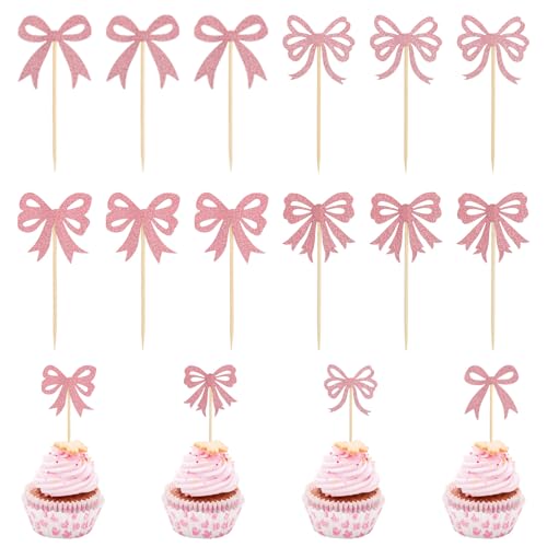 CHGCRAFT 60 Stück Schleife Cupcake Toppers Papier Schleifenknoten Etiketten Schleifenform Lebensmittelanhänger Käsemarker für Geburtstag Hochzeit Party Dekoration, Heißes Rosa von CHGCRAFT