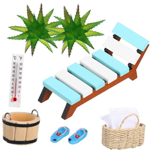 CHICAMPERA 1 Satz Miniatur Strand Deko Set Puppenhaus Zubehör mit Liegestuhl Hausschuhen und Pflanzen für Kreative DIY Projekte und Sicheres Kleines Holzdesign von CHICAMPERA