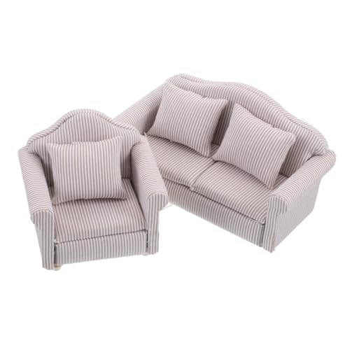 CHICAMPERA 2 Stück Miniatur Puppenhaus Sofa Teilig Stoff Bezogen Langlebige Holzsofas für Wohnzimmer Dekoration Verblassungsresistente Miniaturmöbel für Puppenhaus Realistische Wohnzimmer von CHICAMPERA