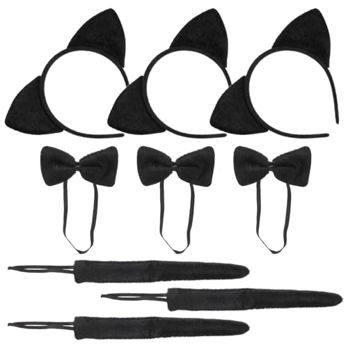 CHICAMPERA 3 Sätze Katzenohren Haarreif mit Schleife und Katzenschwanz für Weiches Stoffmaterial Bequemes Cosplay Kostüm Zubehör für Karneval Halloween Fasching und Motto partys von CHICAMPERA
