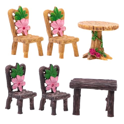 CHICAMPERA 6 Stück Tisch Und Stuhlornamente Aus Kunstharz Feengartentisch Miniatur Feen Mini Tischspielzeug Outdoor Kindermöbel Winzige Möbel Miniatur Hockerspielzeug Für Mini Möbel von CHICAMPERA