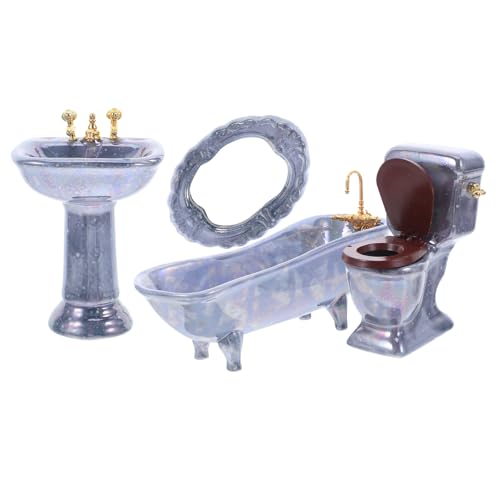 CHICAMPERA Miniatur Badezimmer Set Porzellan Badezimmermöbel mit Badewanne Waschbecken Spiegel Toilette für Puppenhaus Deko Sammler Zubehör Langlebig Robust Realistisch von CHICAMPERA