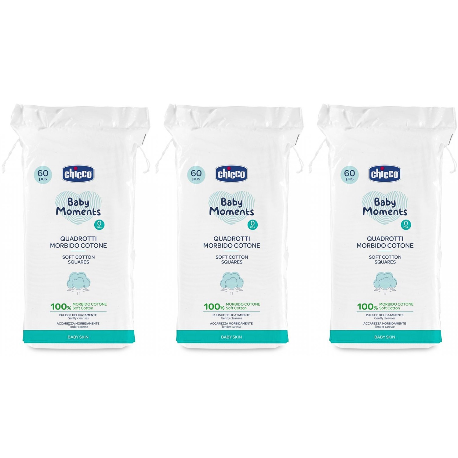 Kit 3 Pacchi Quadrotti Morbido Cotone Chicco Baby Moments 60 Pz (180 pz) von CHICCO